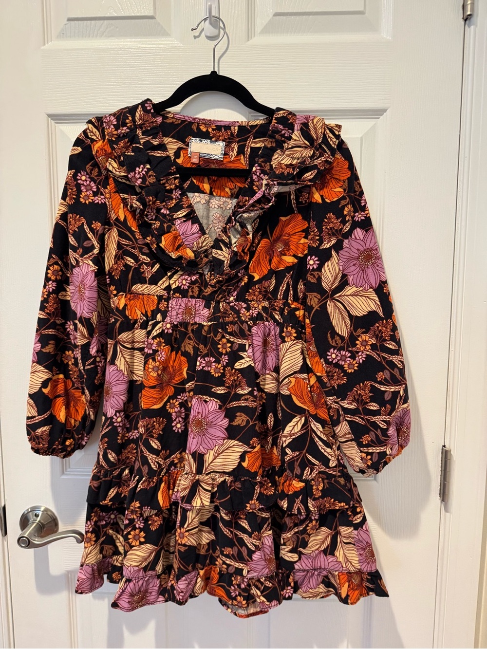 Anthropologie Pilcro Fine Corduroy Black Floral Ruffle Dress